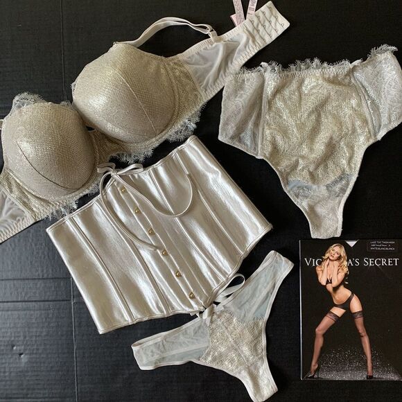 Victoria's Secret 34DDD36DDD BRA SET+high-waist panty GOLD foil lace VERY SEXY